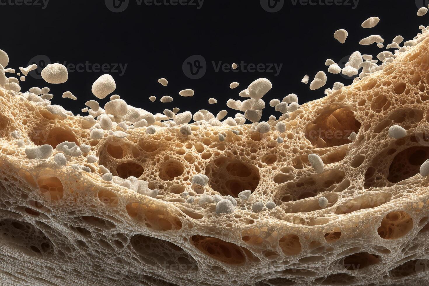 Porous sponge-like texture with intricate patterns of holes and scattered white particles resembling salt. The structure is detailed and organic, showcasing variations in size photo