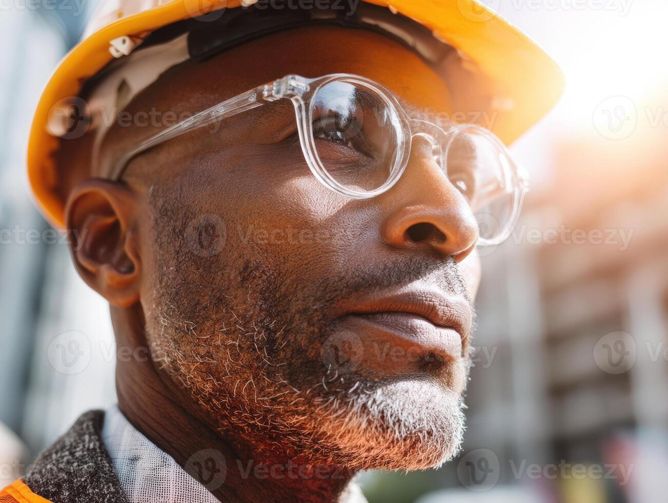 Focused man in clear glasses and orange helmet looks upwards, sunlight illuminating face. Urban environment with blurred building backdrop. Mature individual with salt-and-pepper beard photo