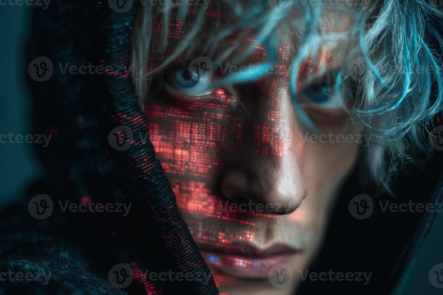 Close-up of a person with blond hair and intense blue eyes, wearing a dark hood. Red digital code patterns are projected across their face, creating a futuristic, mysterious look photo