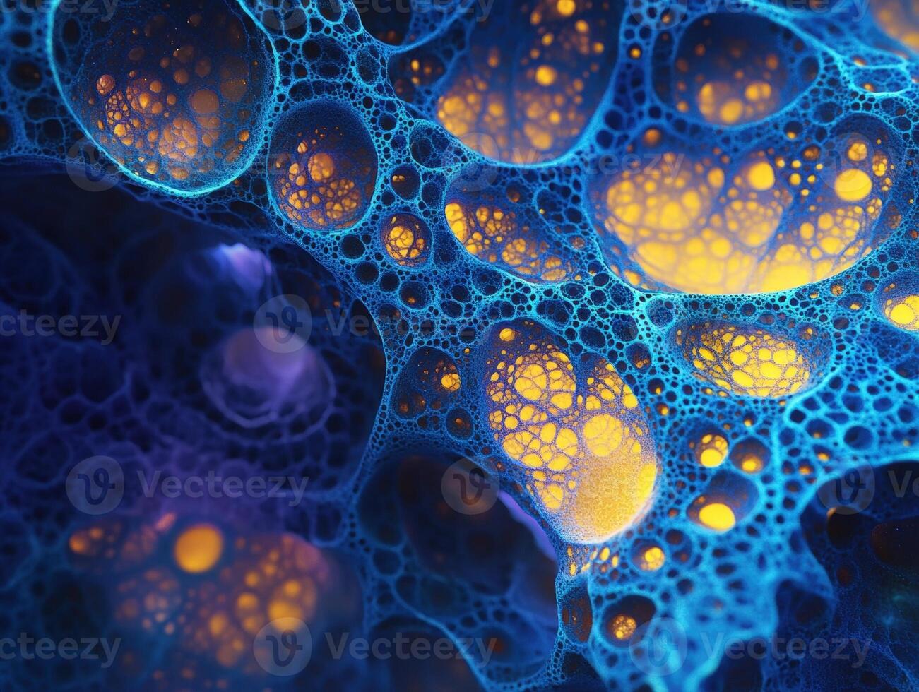 Abstract image featuring intricate blue bubble like structures with vibrant orange and yellow glowing patterns. The composition resembles cellular or organic formations photo