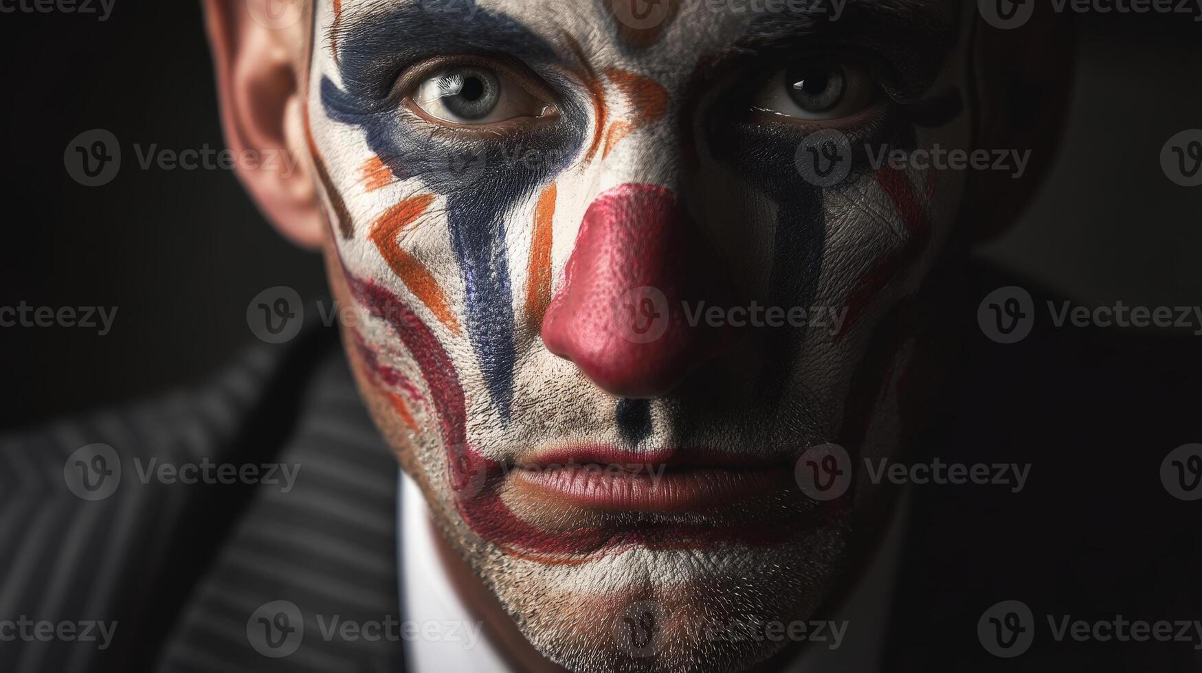 Clown face with intense expression, colorful makeup, and a red nose, wearing a dark striped suit. The makeup includes red, blue, and white colors with intricate designs photo