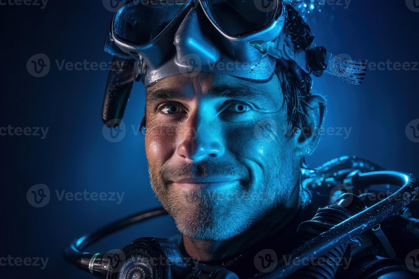 Smiling diver wearing diving mask and gear, illuminated with blue light, showcasing water droplets and helmet details. Close-up portrait highlights adventure and exploration theme photo