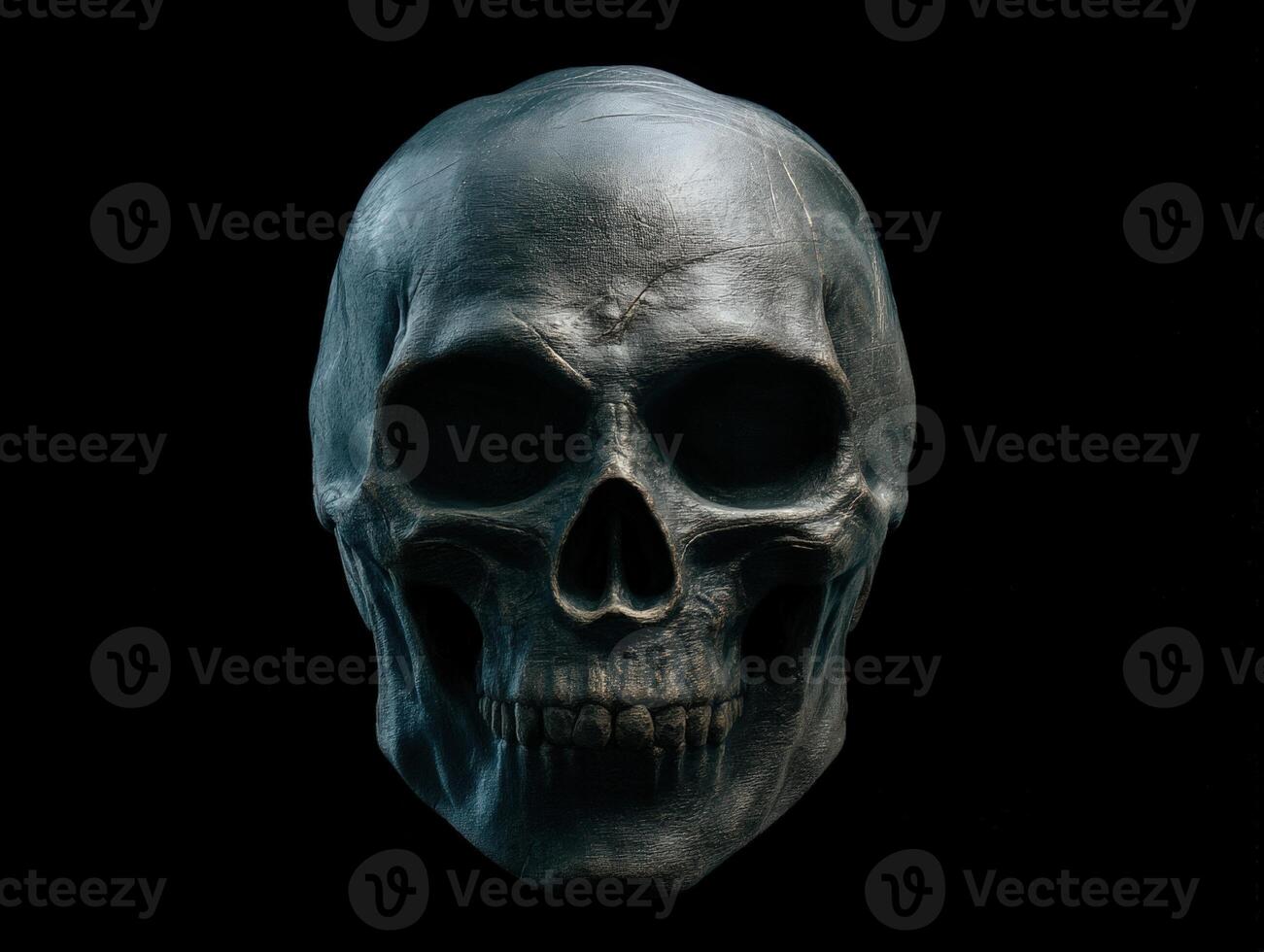 Realistic human skull with a smooth surface, prominent eye sockets, nose cavity, and detailed teeth. The monochrome appearance emphasizes contours and texture. Eerie and captivating photo