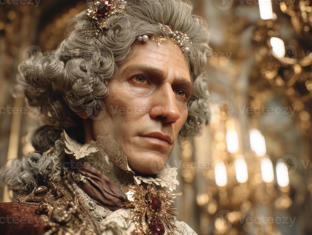 Man in elaborate period attire, wearing a jeweled headpiece, displays intricate hair styling and intense expression. Luxurious setting with ornate, blurred golden chandeliers in the background photo
