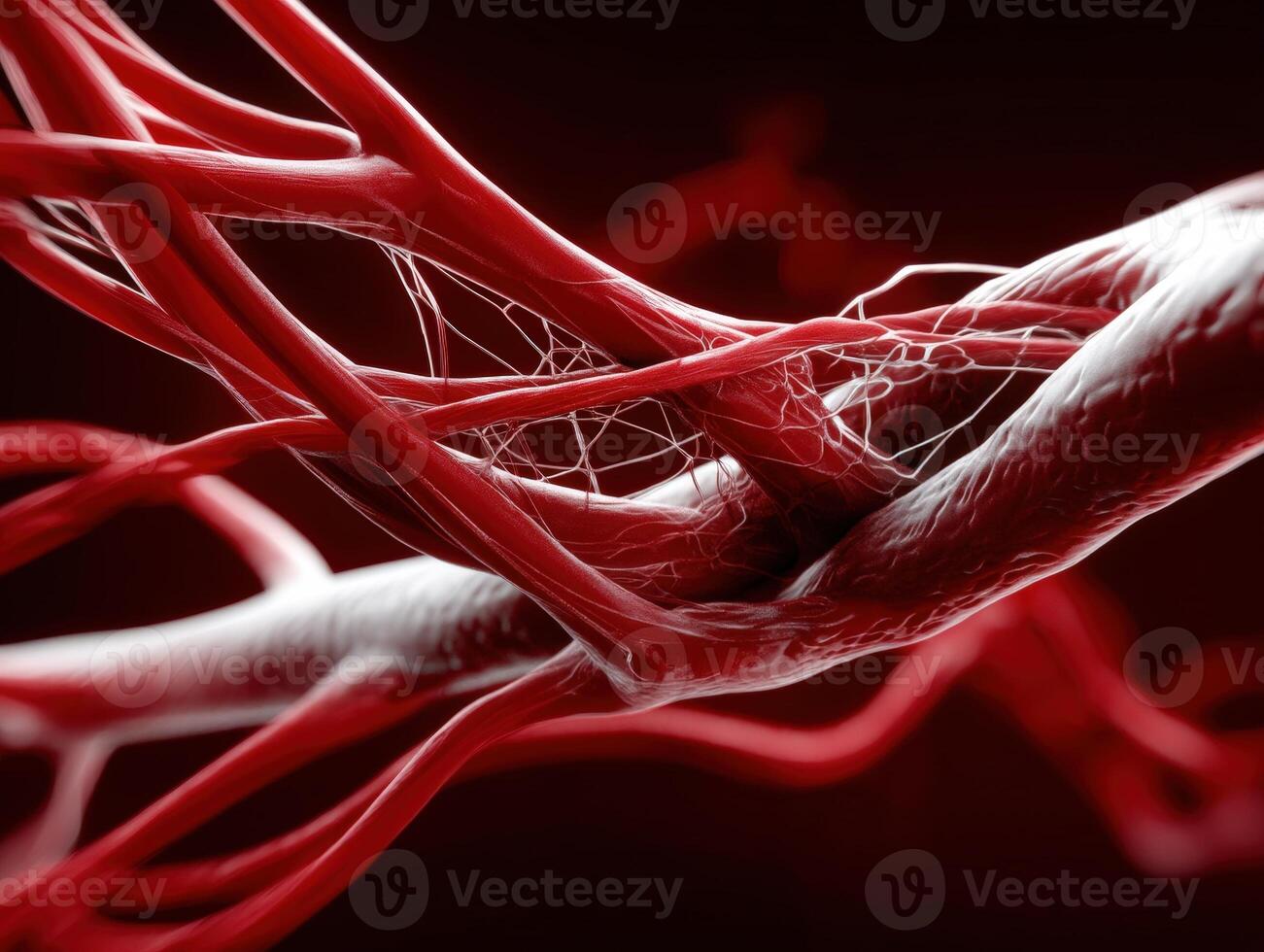 Red intertwined organic structures, resembling blood vessels or neural pathways, dominate the image, with a focus on their intricate patterns, creating a sense of depth and complexity photo