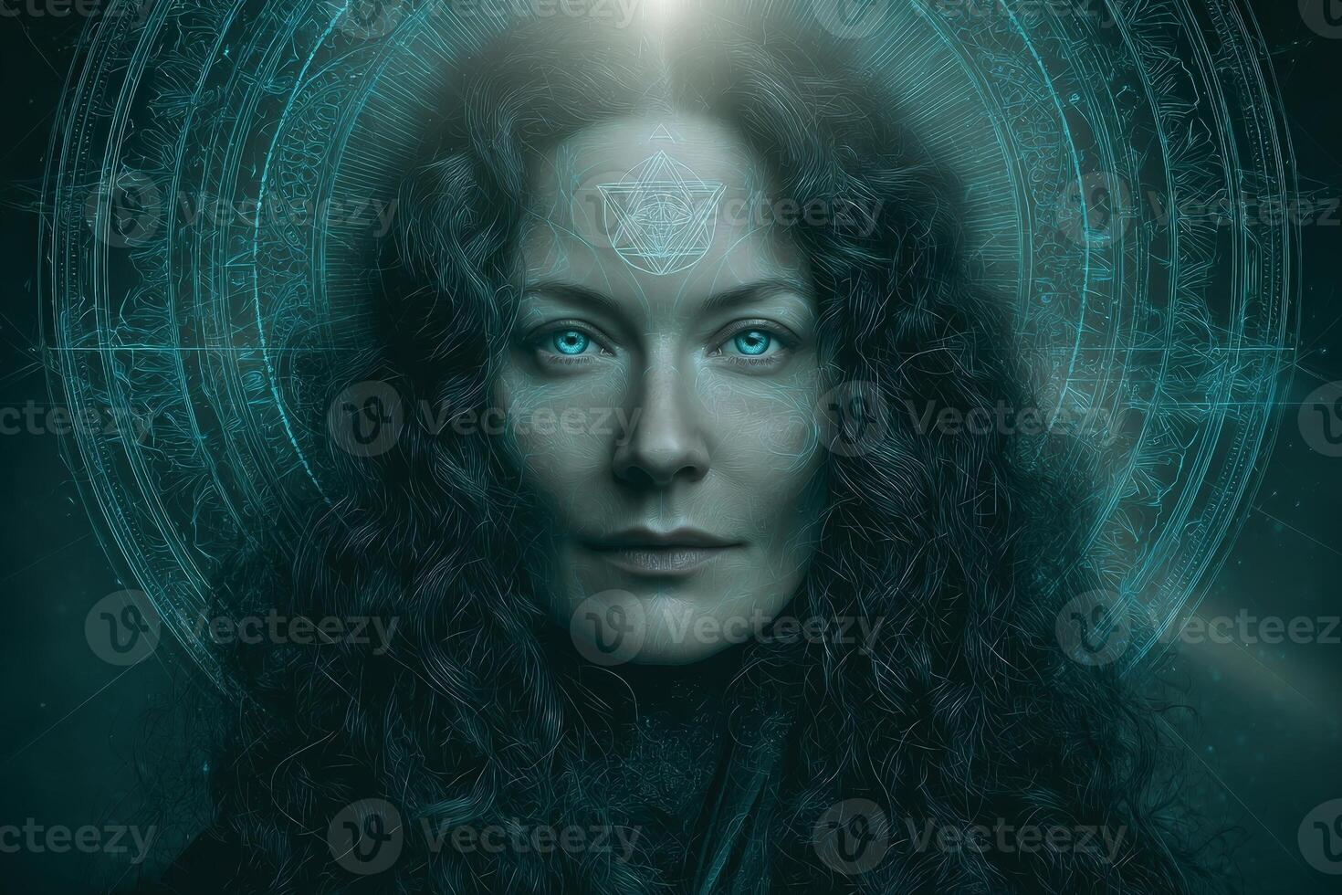 Mystical woman with piercing blue eyes and intricate, wavy hair gazes forward. Ethereal geometric symbol glows on forehead with luminous energy emanating from it photo