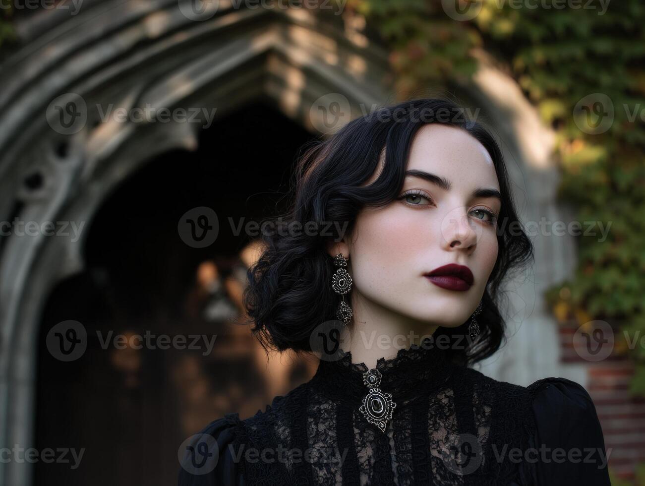 Woman with dark hair and bold lipstick wearing a black lace dress and intricate earrings stands confidently in front of an arched stone doorway with green foliage photo