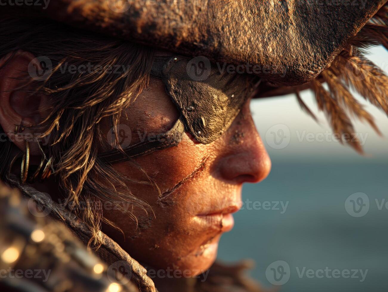 Pirate in profile with a rugged face, wearing a tattered hat and leather eye patch. Sunlight highlights weathered skin and tousled hair, suggesting a seafaring life photo