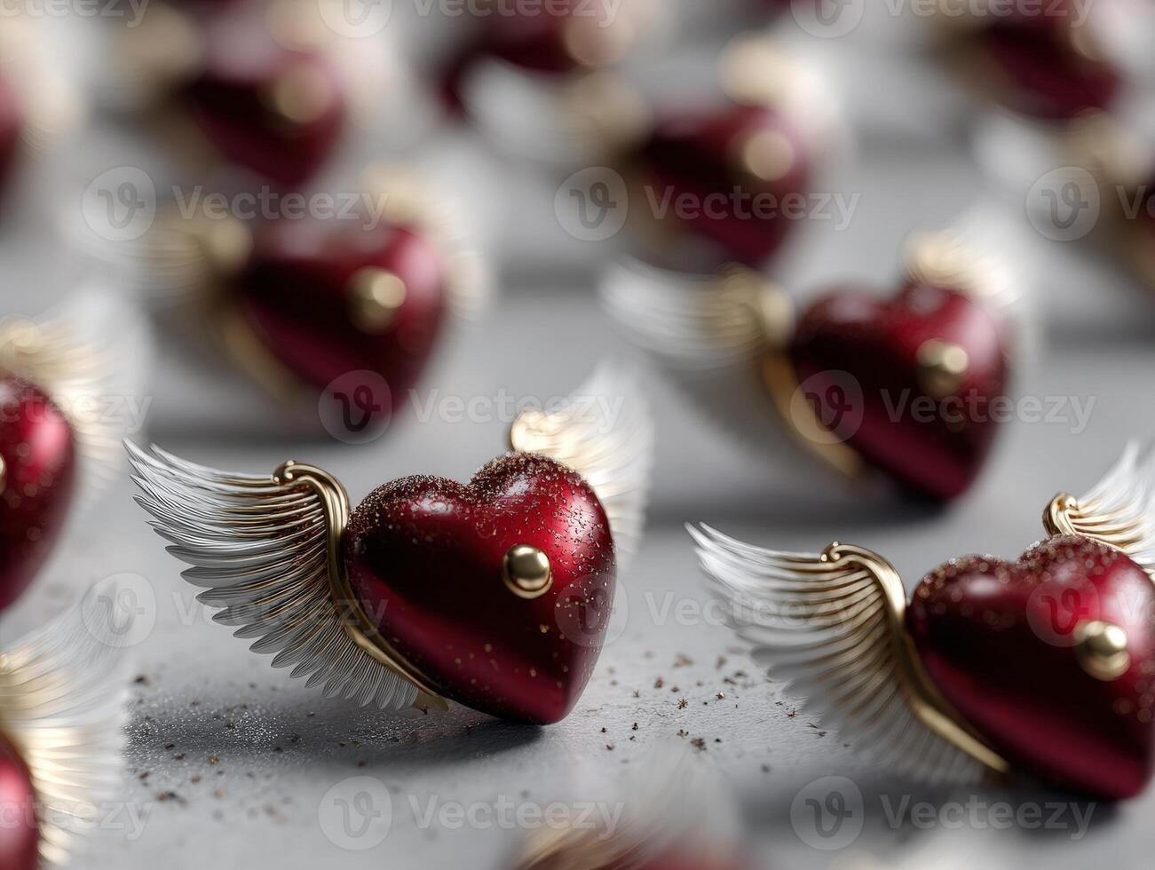 Heart-shaped metallic objects with red finish and white wings are aligned in rows. Each heart has golden accents and is set against an out-of-focus group of similar objects photo