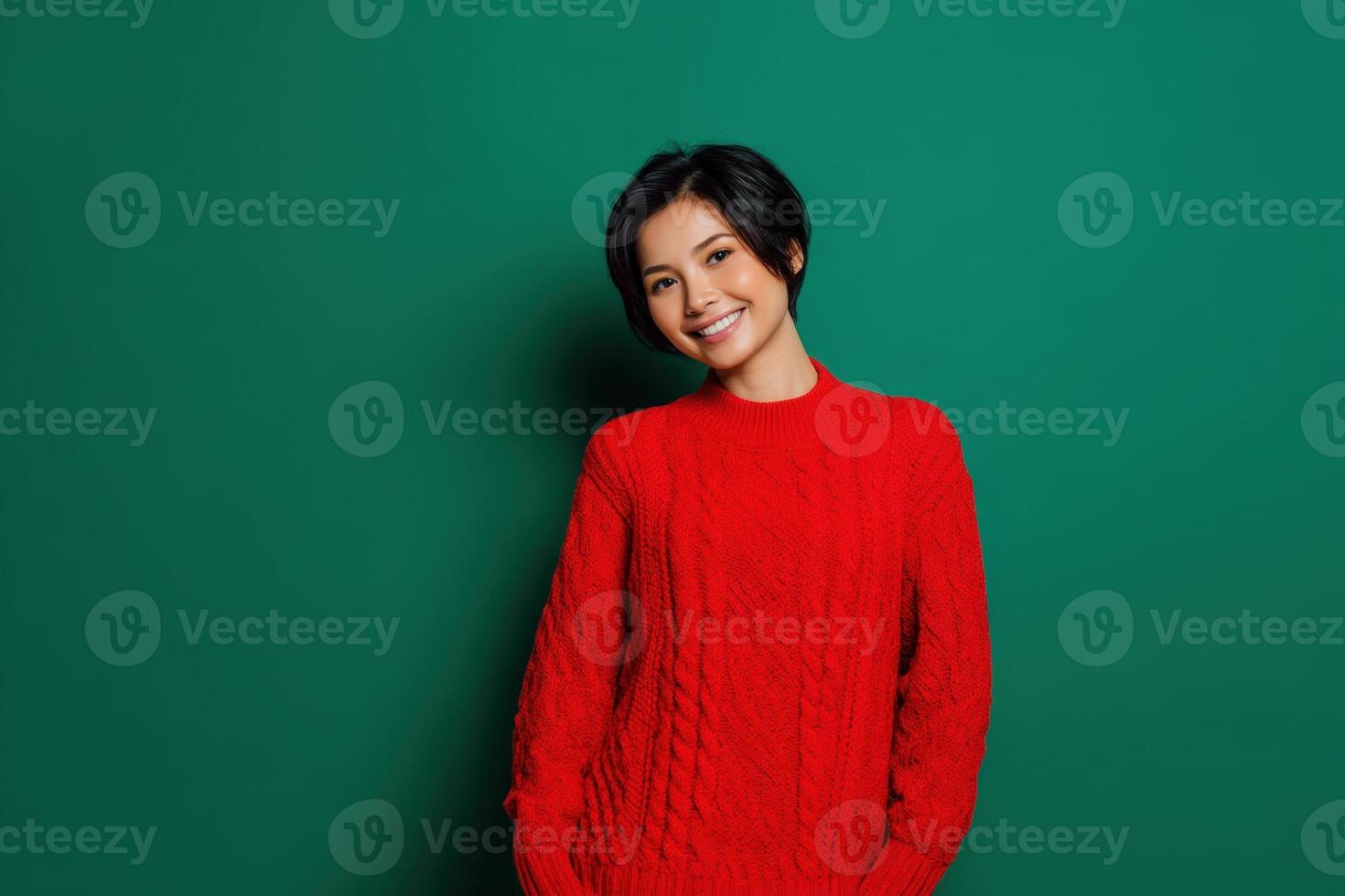 Smiling person with short black hair wearing a textured red sweater, stands posed against a solid color background with a cheerful and confident expression photo