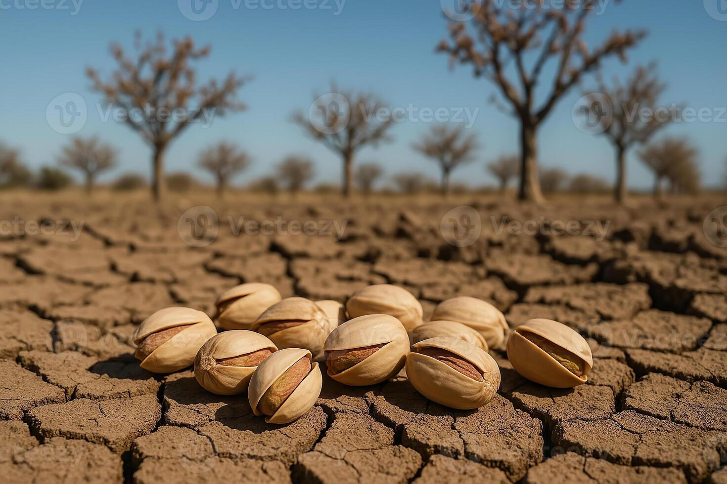 Drought Impact on Pistachio Agriculture Highlighting Climate Crisis with Dry Cracked Land and Trees in Background photo