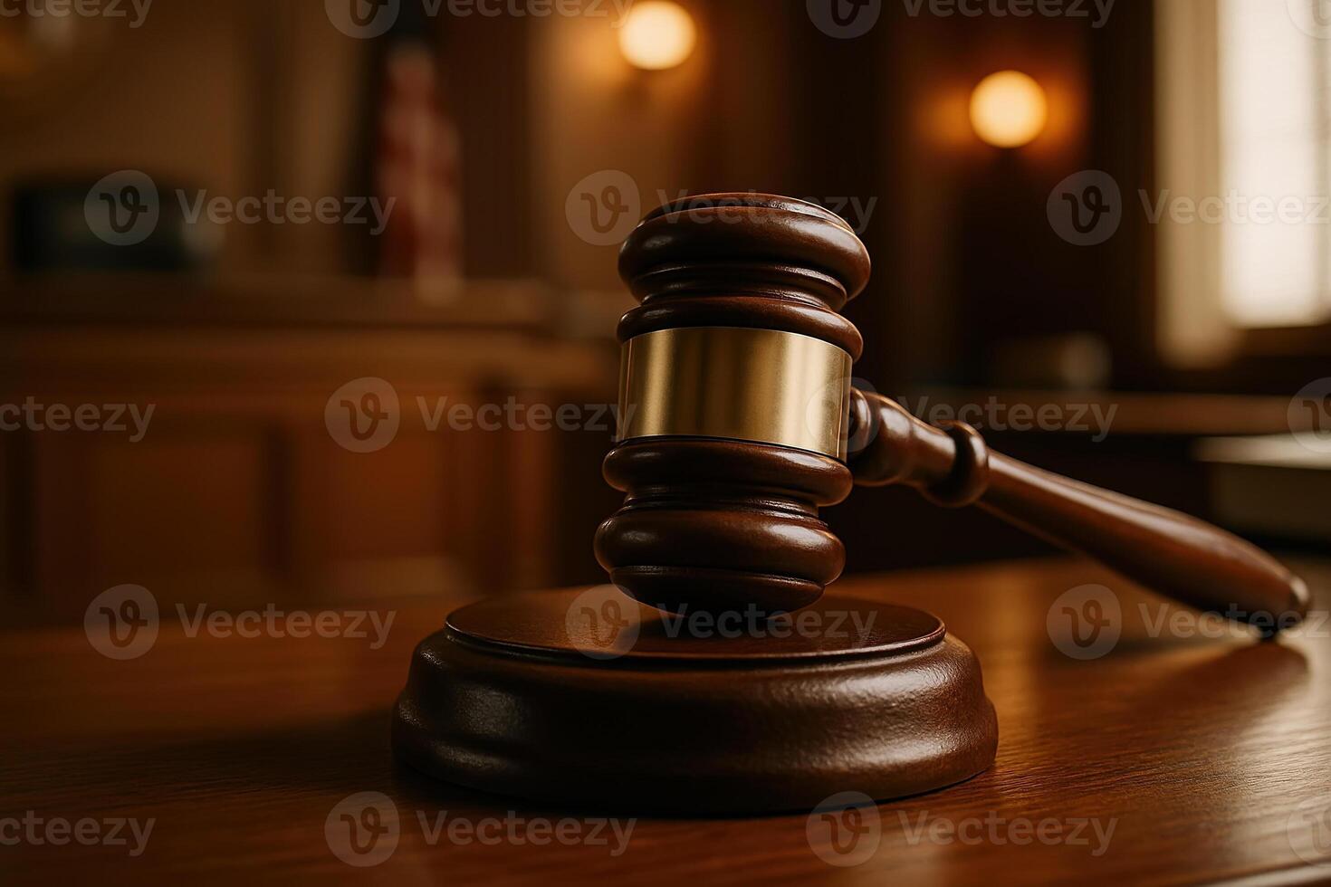 Judge Gavel in Courtroom Setting Symbolizing Justice and Authority with Warm Light Background and Focus on Legal Concepts photo