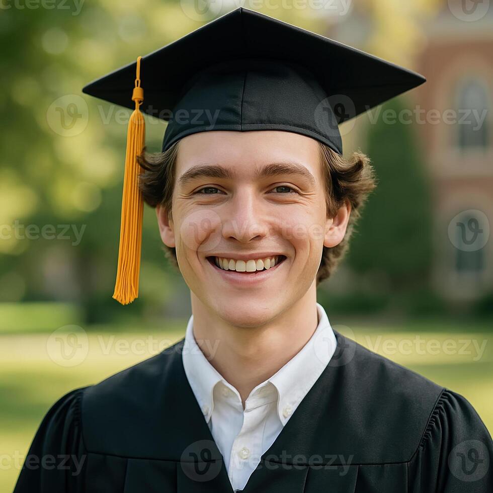 Smiling Young Male Graduate in Cap and Gown Celebrating Achievement in Outdoor Setting photo