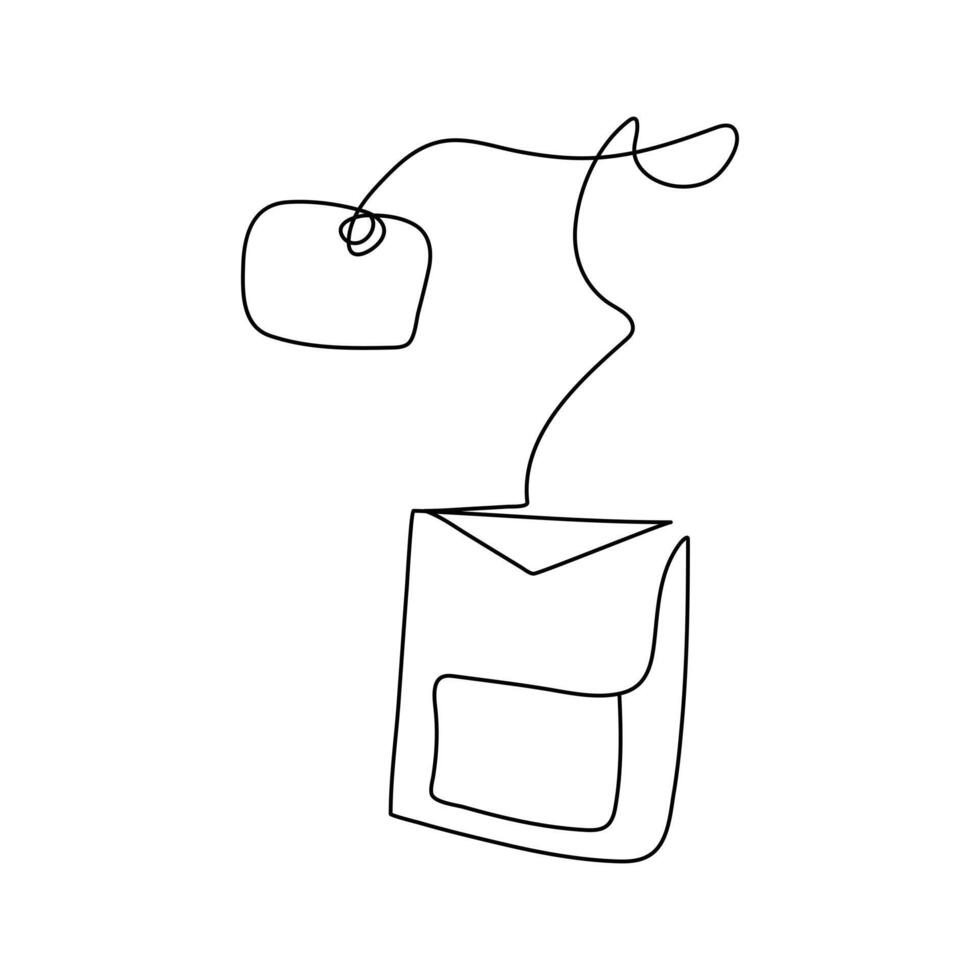 One continuous line drawing of paper tea bag. Hot herbal drink for morning routine and breakfast in simple linear style. vector