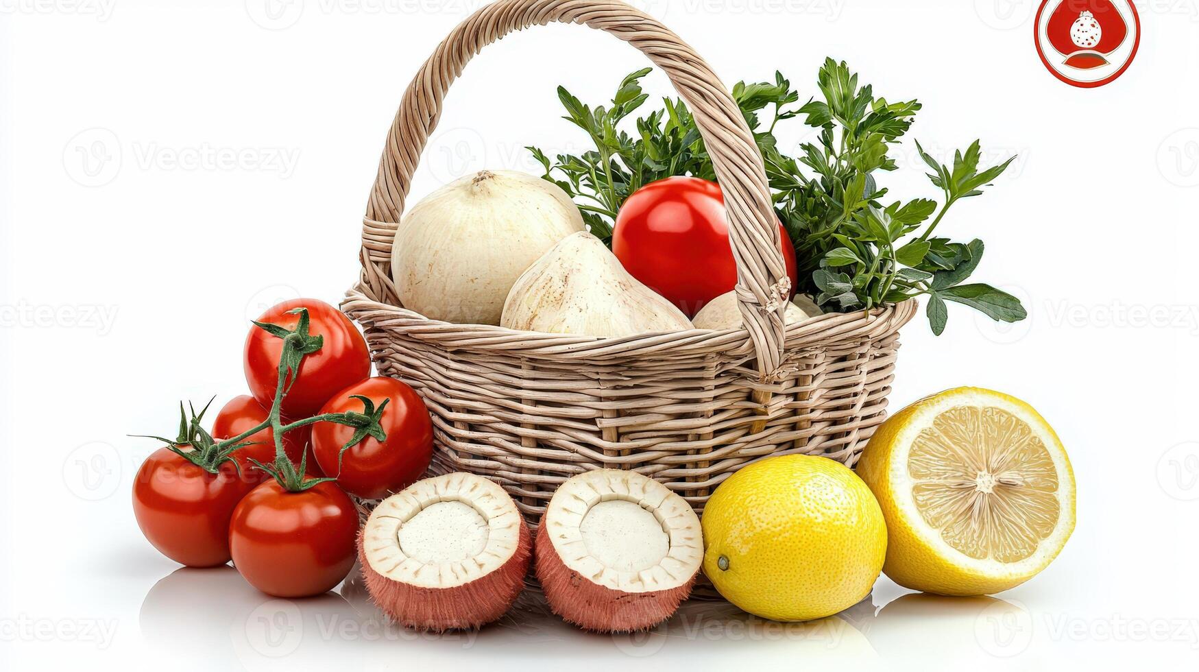 A basket with vegetables and a lemon photo
