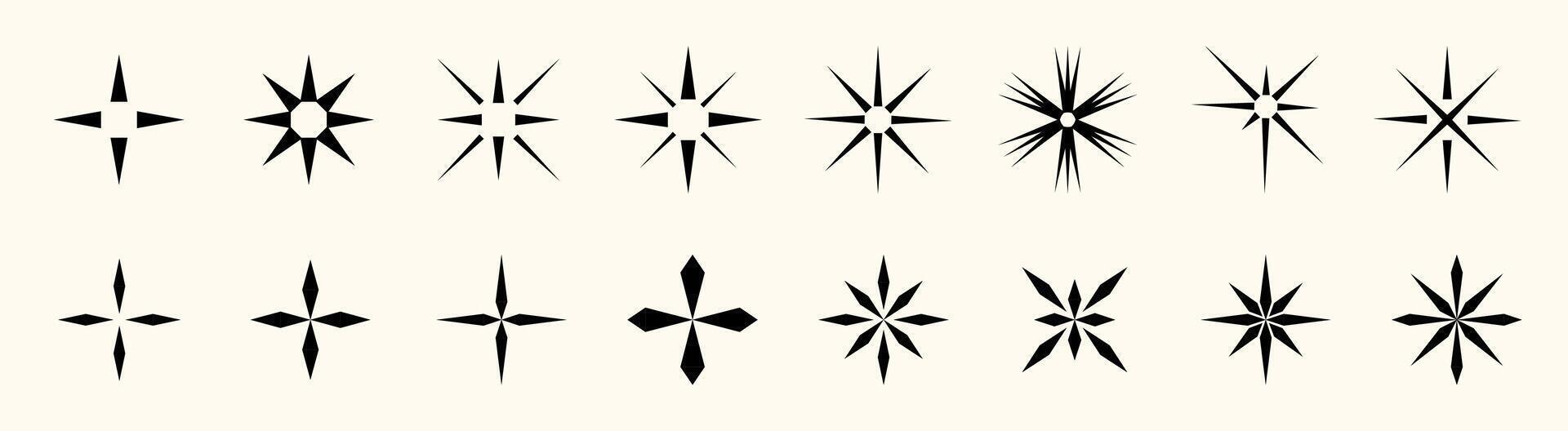 Modern star elements with flare, glare, and sparkle. Includes retro, handdrawn, and geometric forms. Ideal for party, holiday, or space themed illustrations. vector