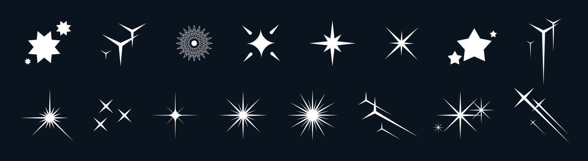 Y2K star icon collection. Includes sparkling shapes, glitter bursts, glowing flares, and magical pictograms. Retro silhouettes, abstract doodles, and modern elements perfect for festive design themes. vector