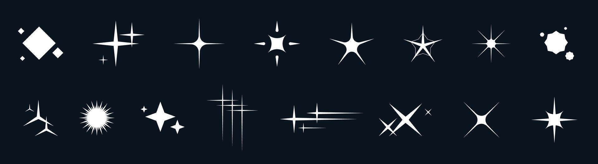 Y2K star icon set with glitter, sparkle, and glow. Features retro shapes, twinkle bursts, shiny pictograms, constellation elements, and geometric doodles. Perfect for modern or vintage designs. vector