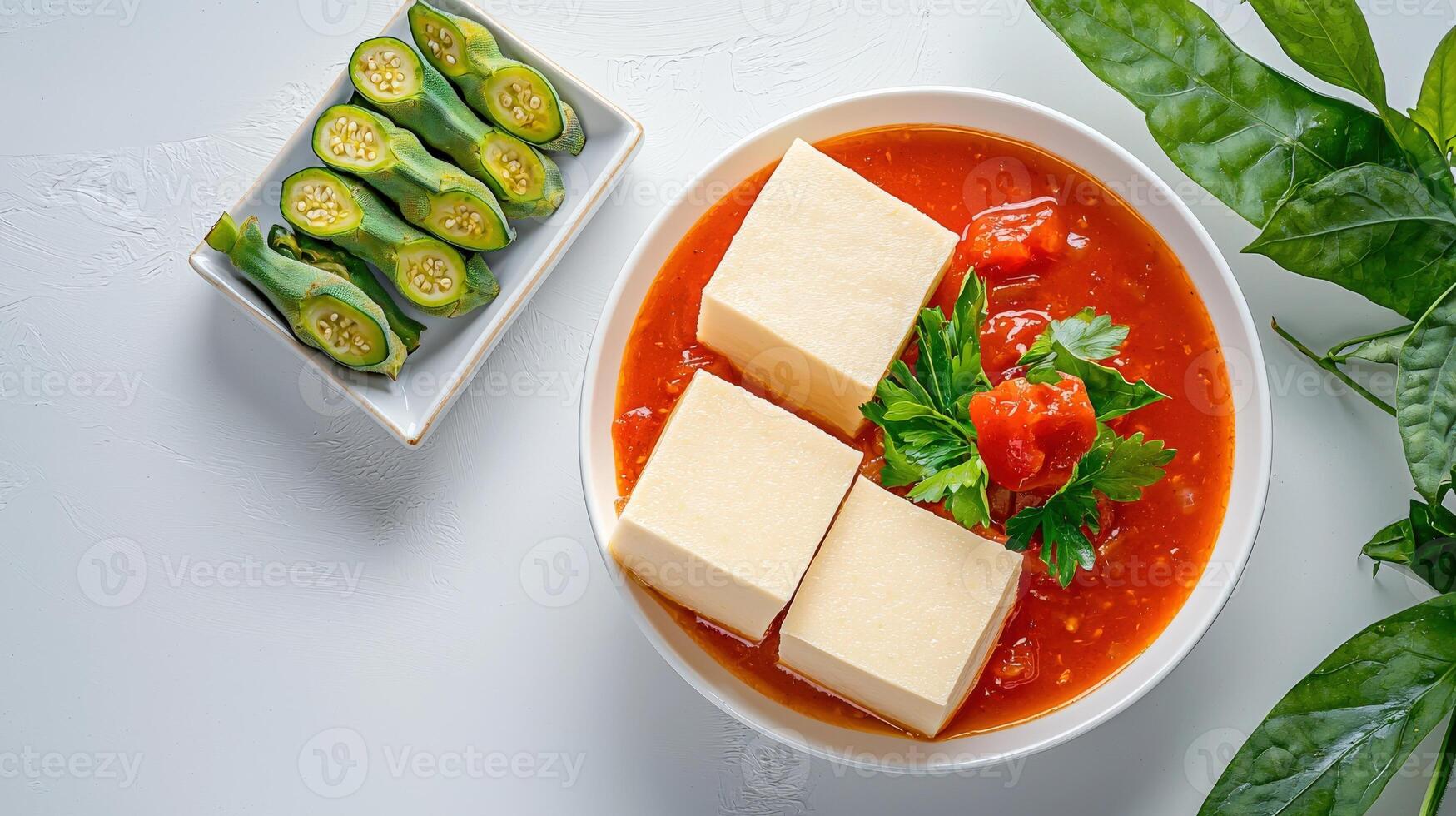 A bowl of tofu with sauce and green vegetables photo