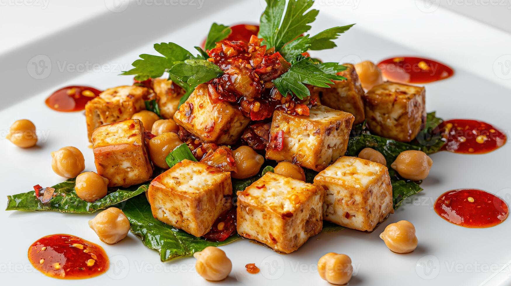 A plate of food with tofu and sauce photo