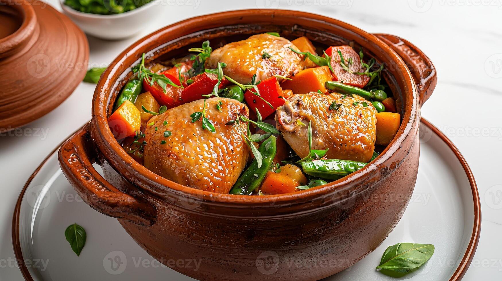 A pot with chicken and vegetables in it photo