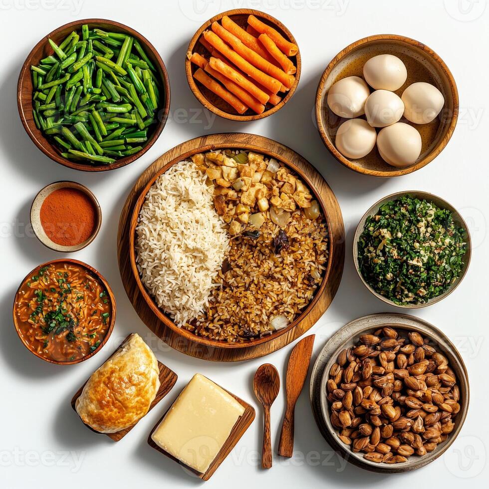 A variety of foods including rice, beans, carrots, and eggs photo