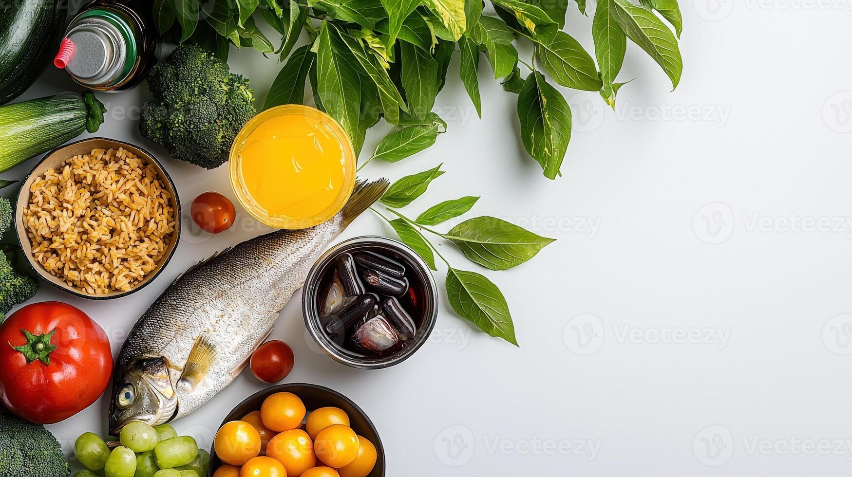 A variety of foods including fish, vegetables, and fruit photo
