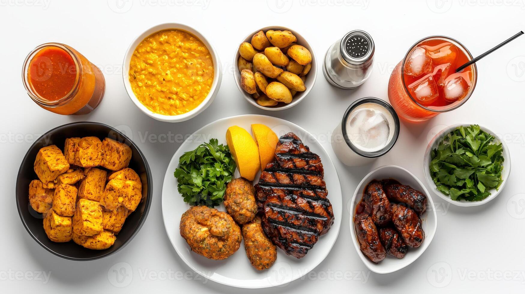 A variety of food including chicken, potatoes, and vegetables photo