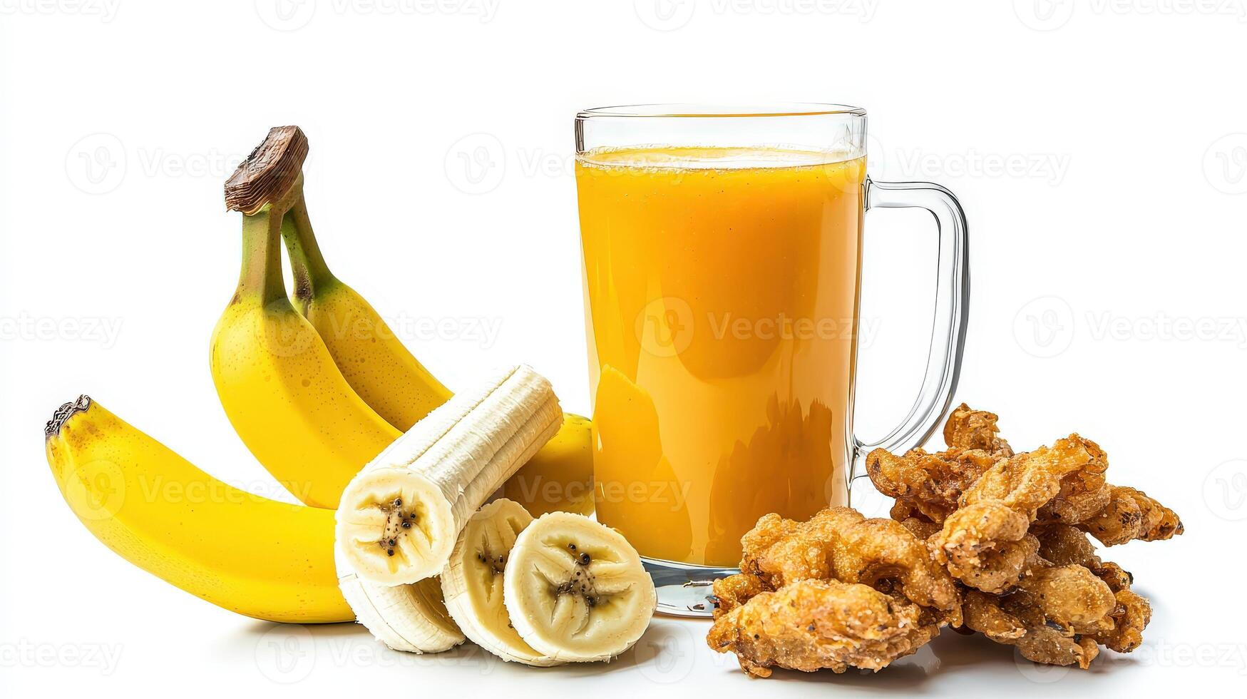 A glass of orange juice next to a bowl of fried chicken photo