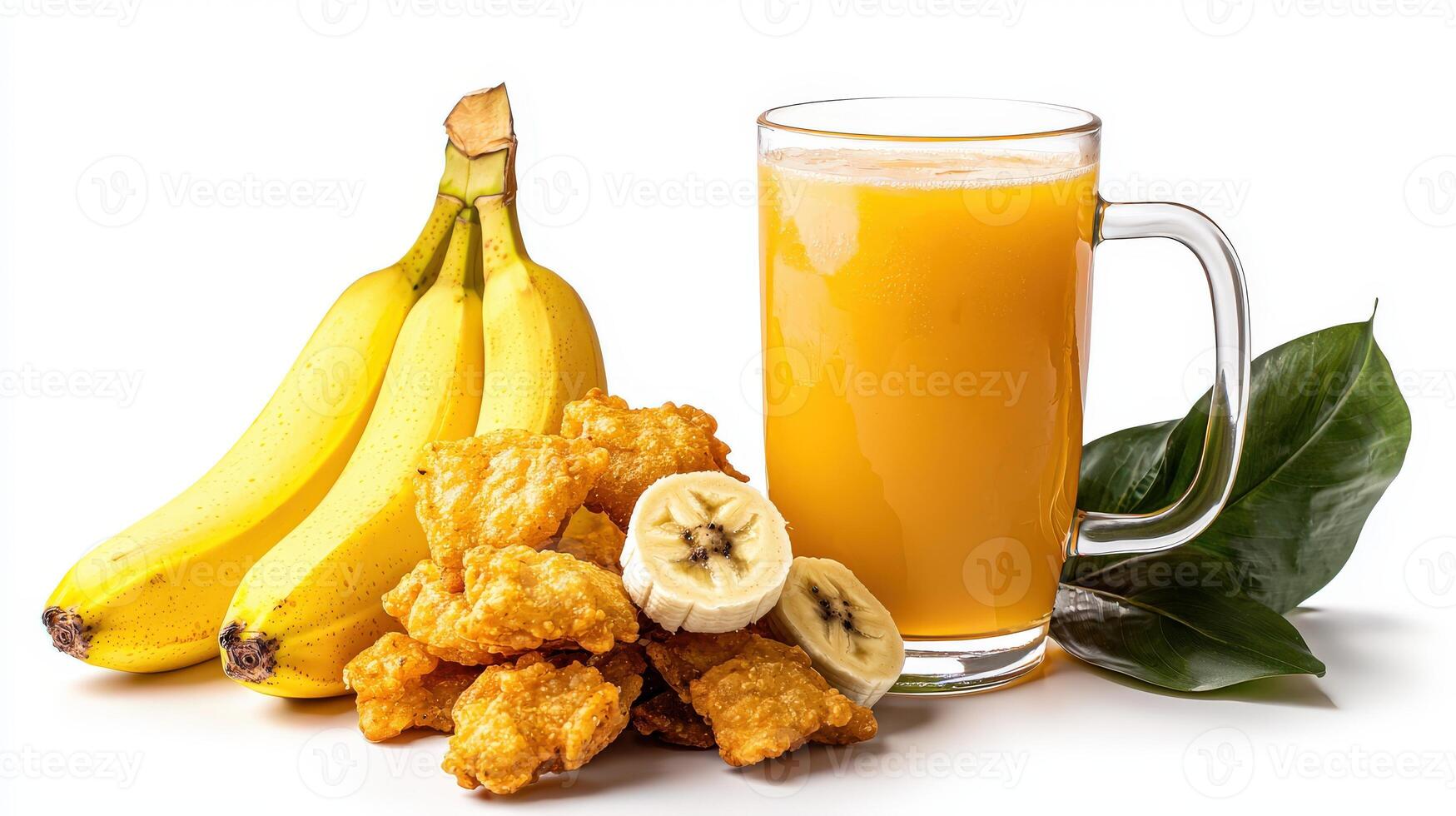 A glass of orange juice next to a banana and some fried chicken photo