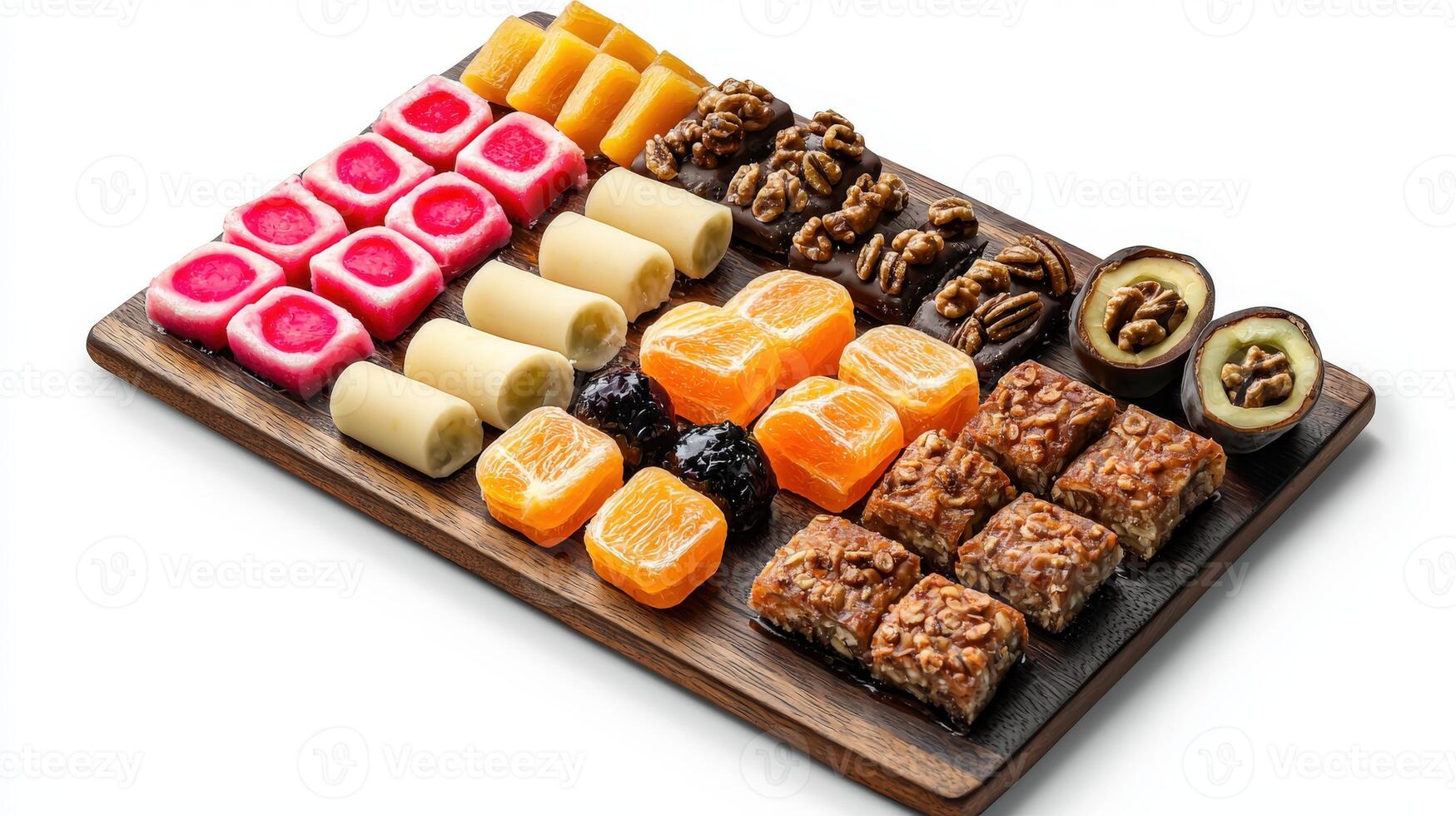A wooden tray with assorted fruit and nuts photo