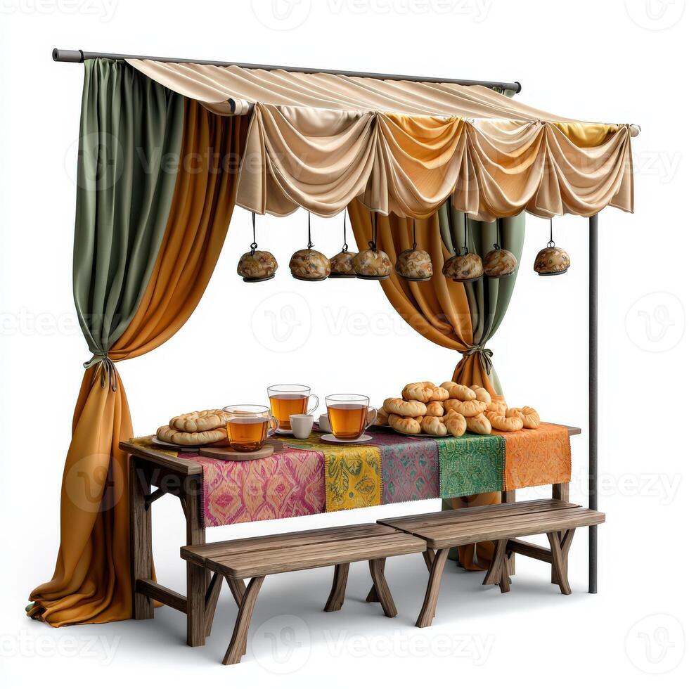 An old table with bread and a curtain photo
