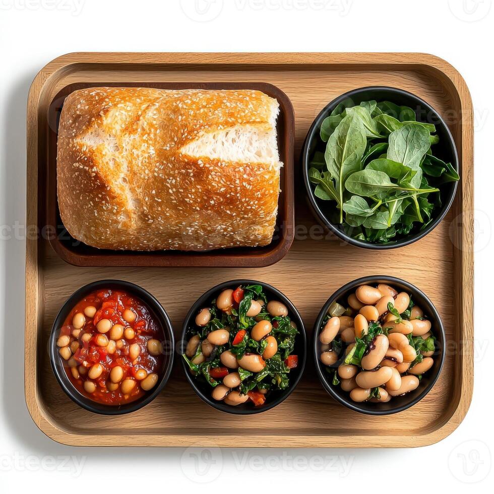 A tray with four bowls of beans, bread and spinach photo