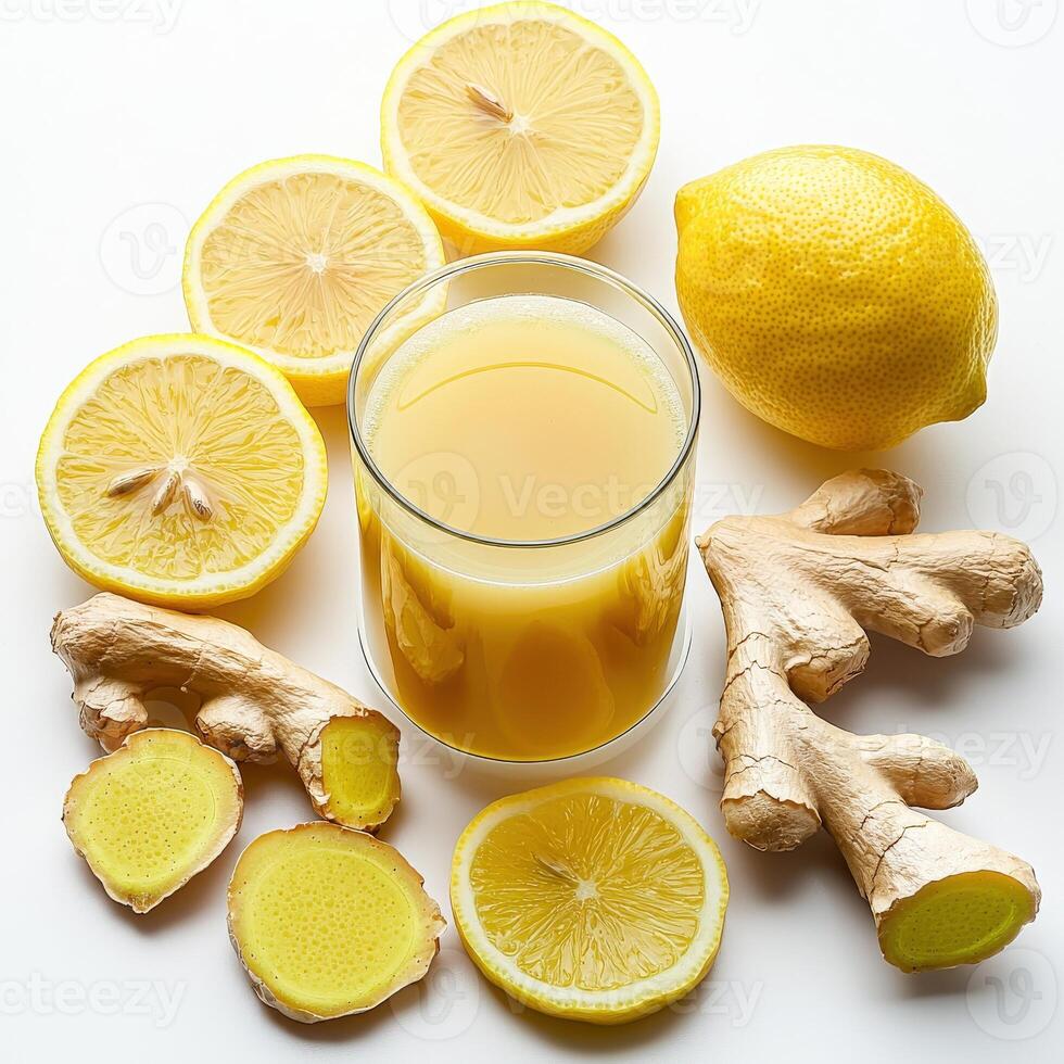 A glass of juice and a lemon photo