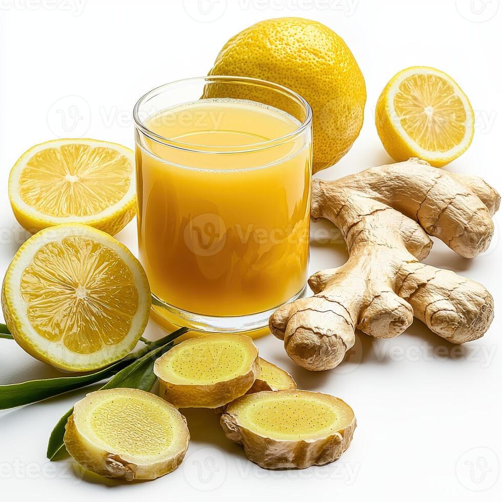 A glass of juice with lemon slices and ginger photo