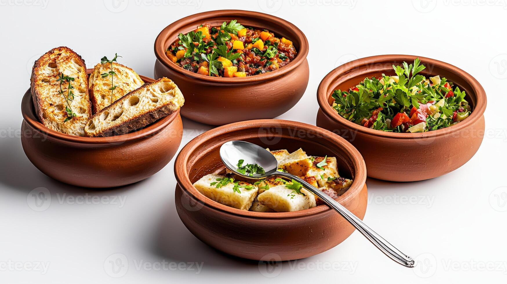 Three clay bowls with food in them photo