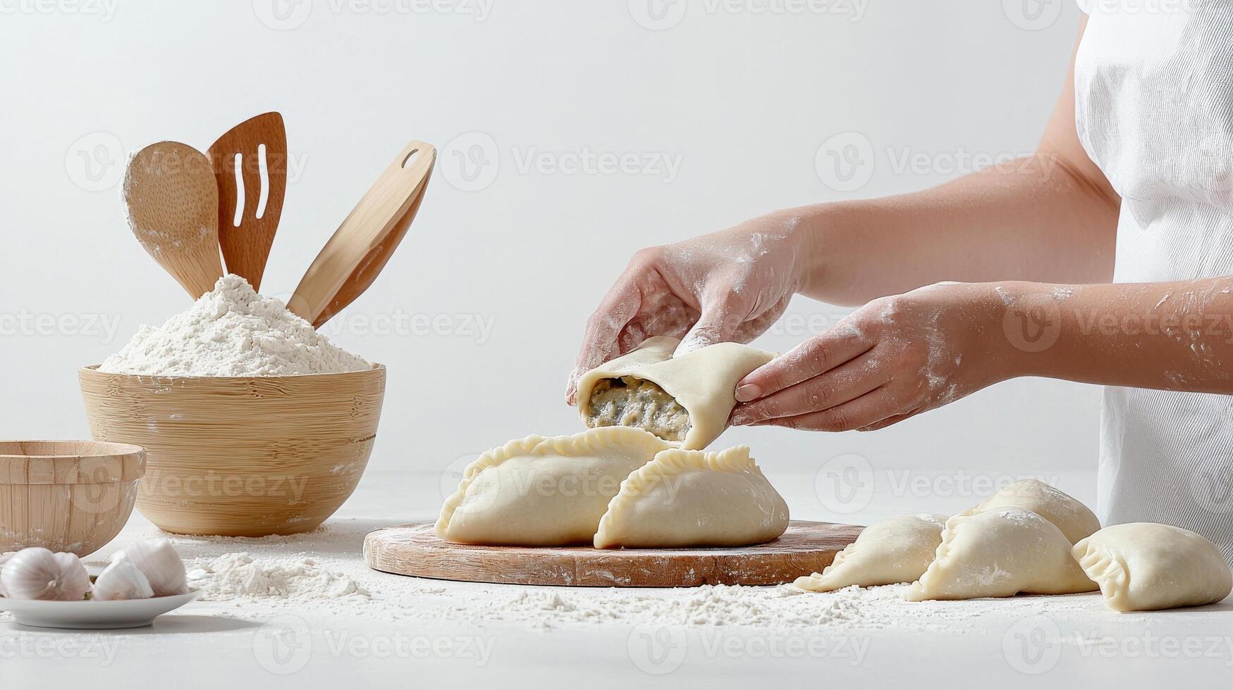 A person is making a pastry with flour and wooden utensils photo