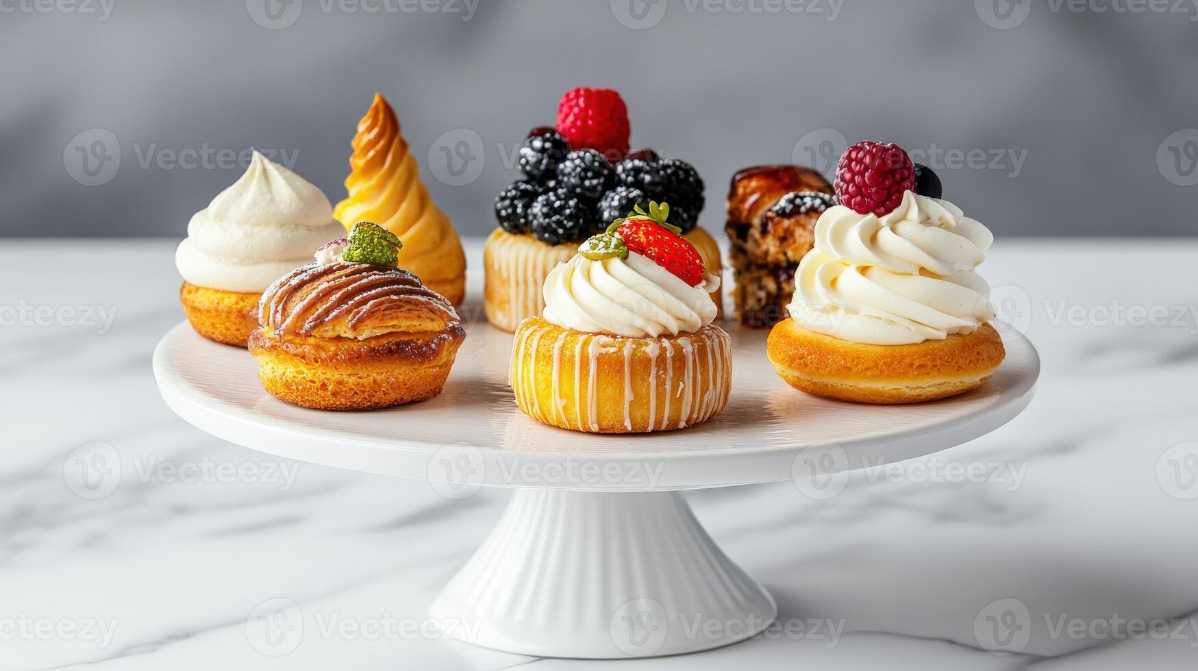 A white cake stand with several different types of pastries photo