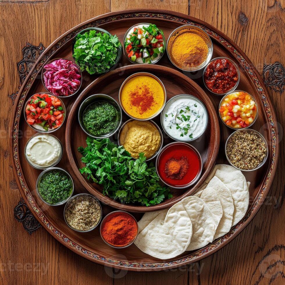 A wooden tray with many different types of food photo