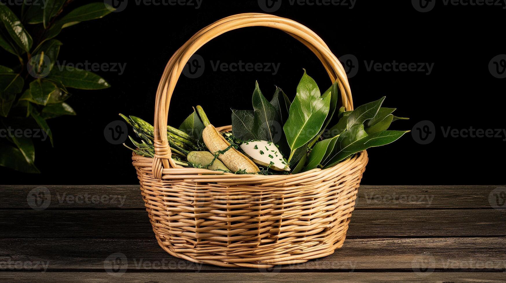 A basket with green plants sitting on a wooden table photo