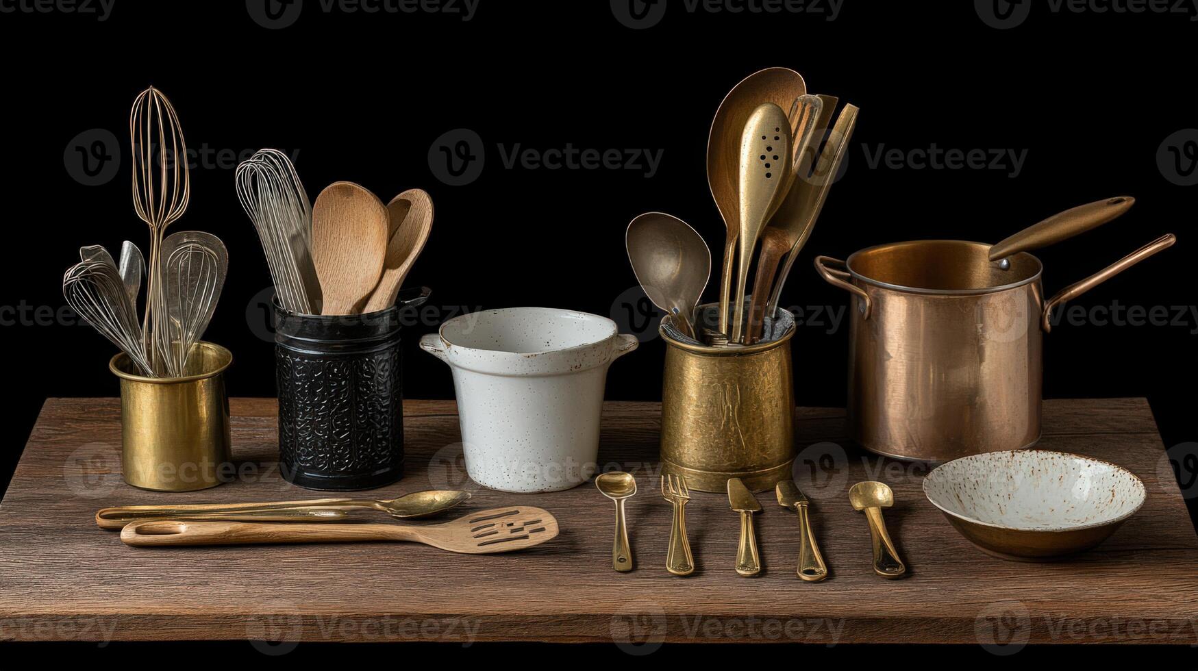 A wooden tray with various utensils and cups photo