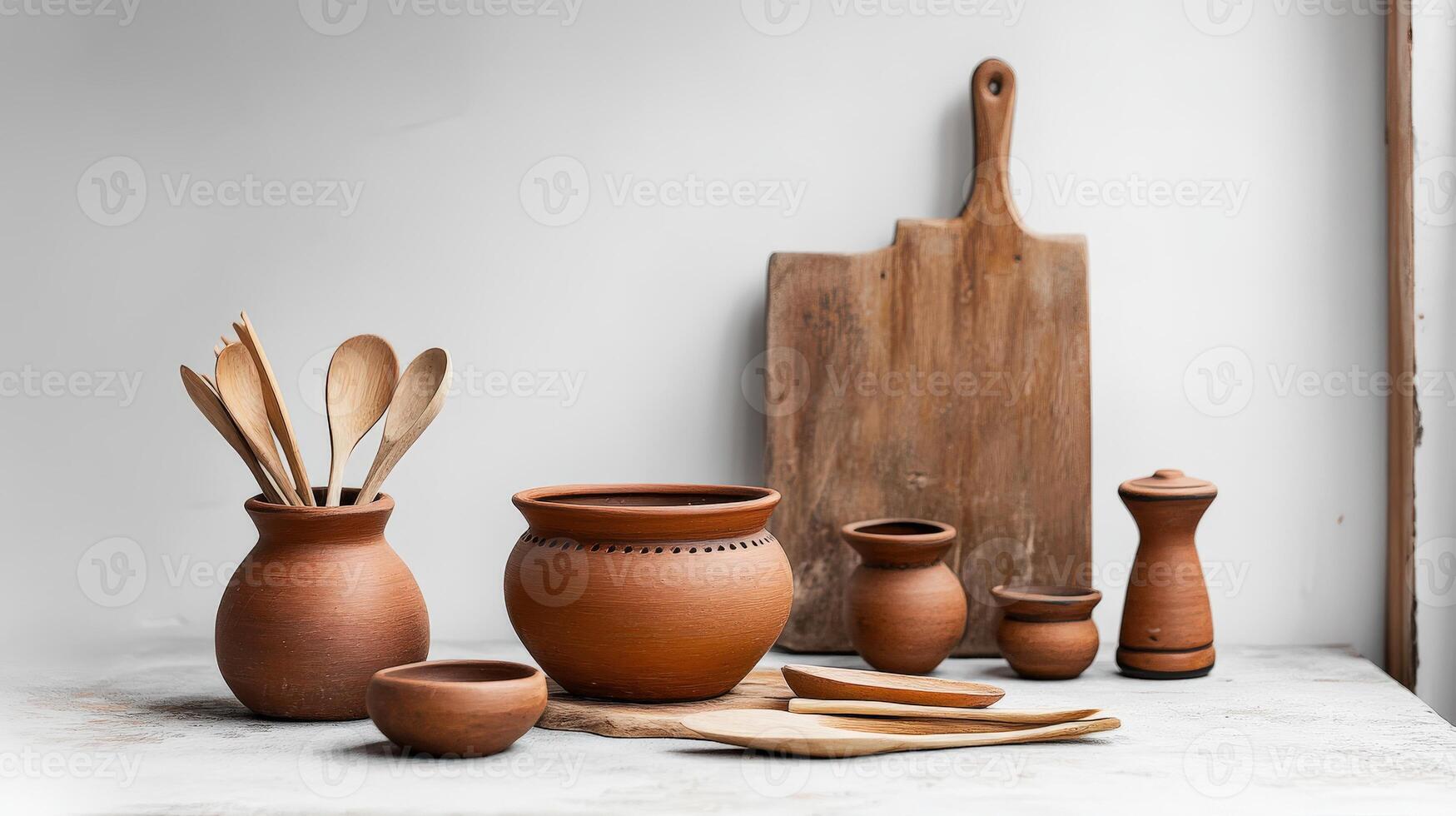A group of clay pots and utensils sit on a table photo