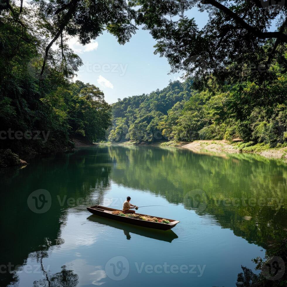 A man in a boat on a river surrounded by trees photo