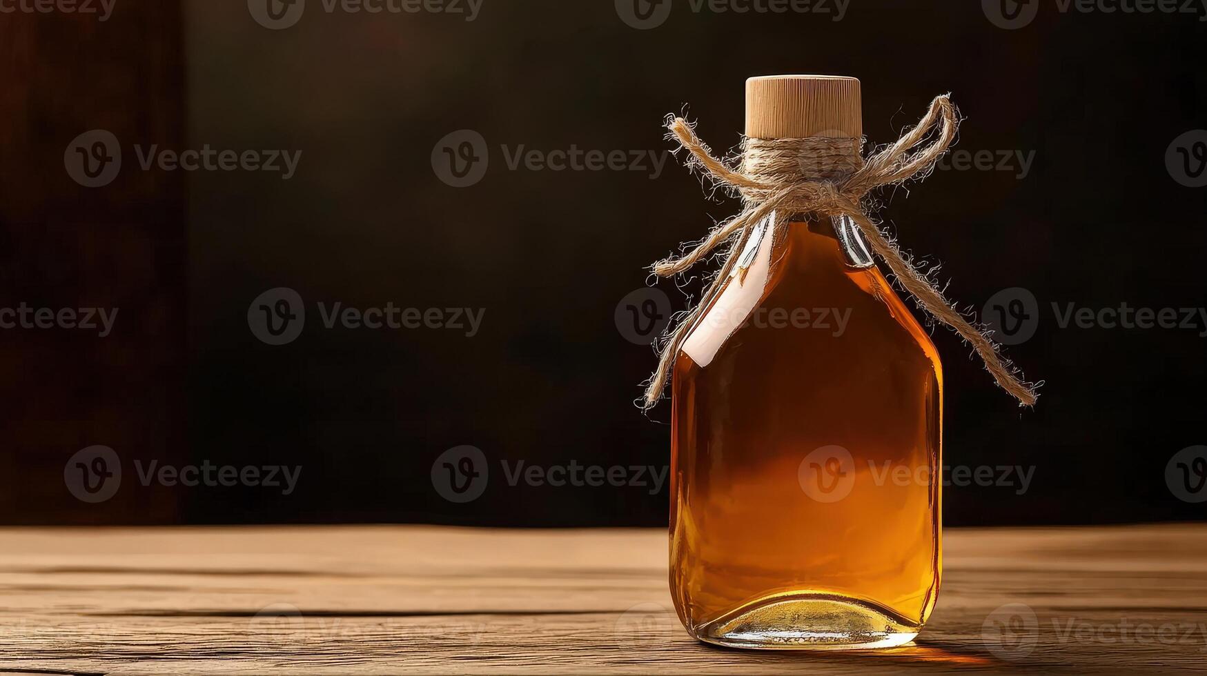 A bottle of maple syrup on a wooden table photo