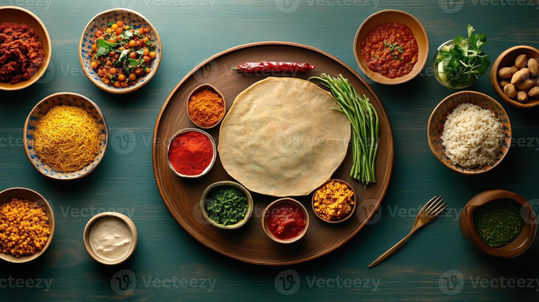 Indian food on a wooden table with bowls of different spices photo