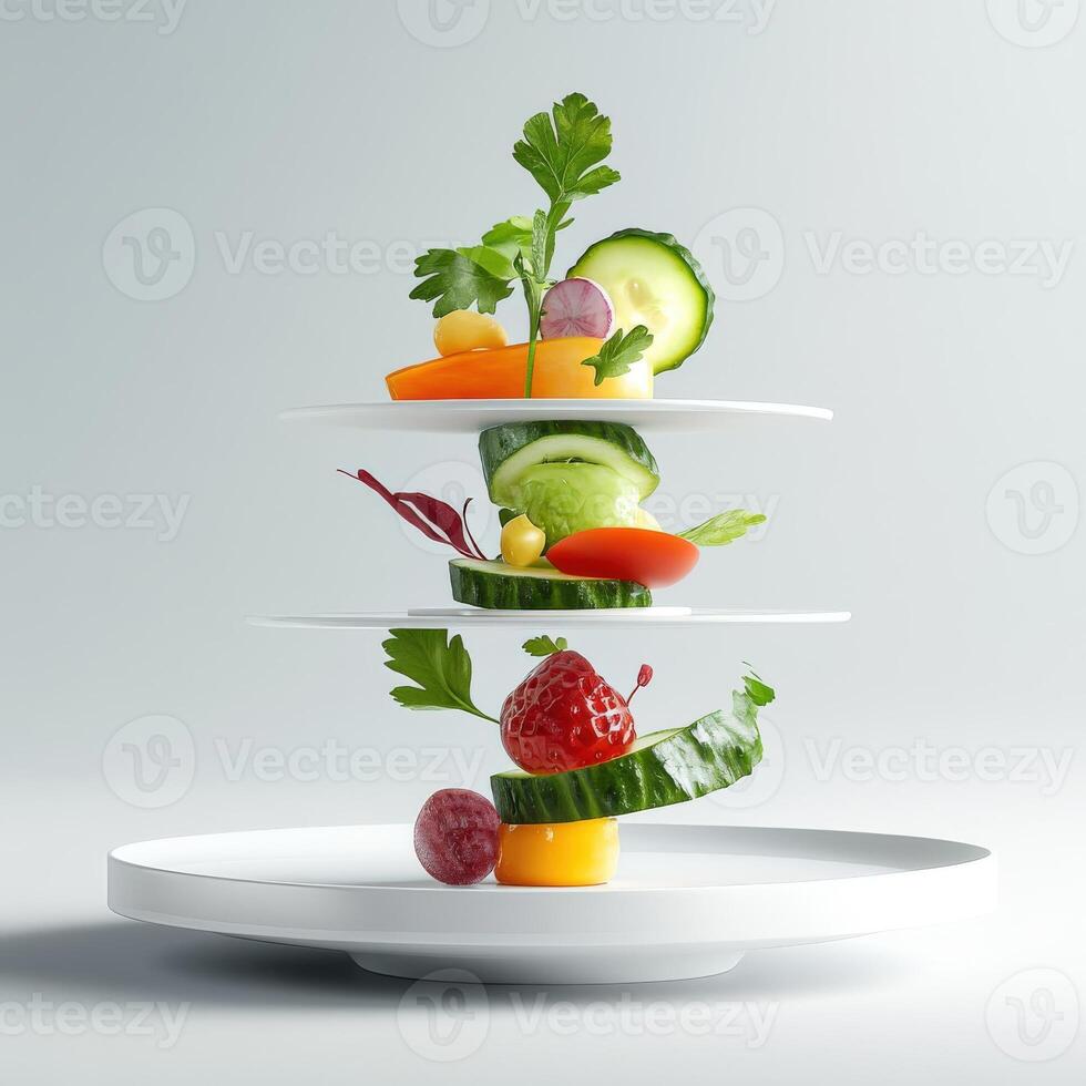 Three layered plates with different types of food photo
