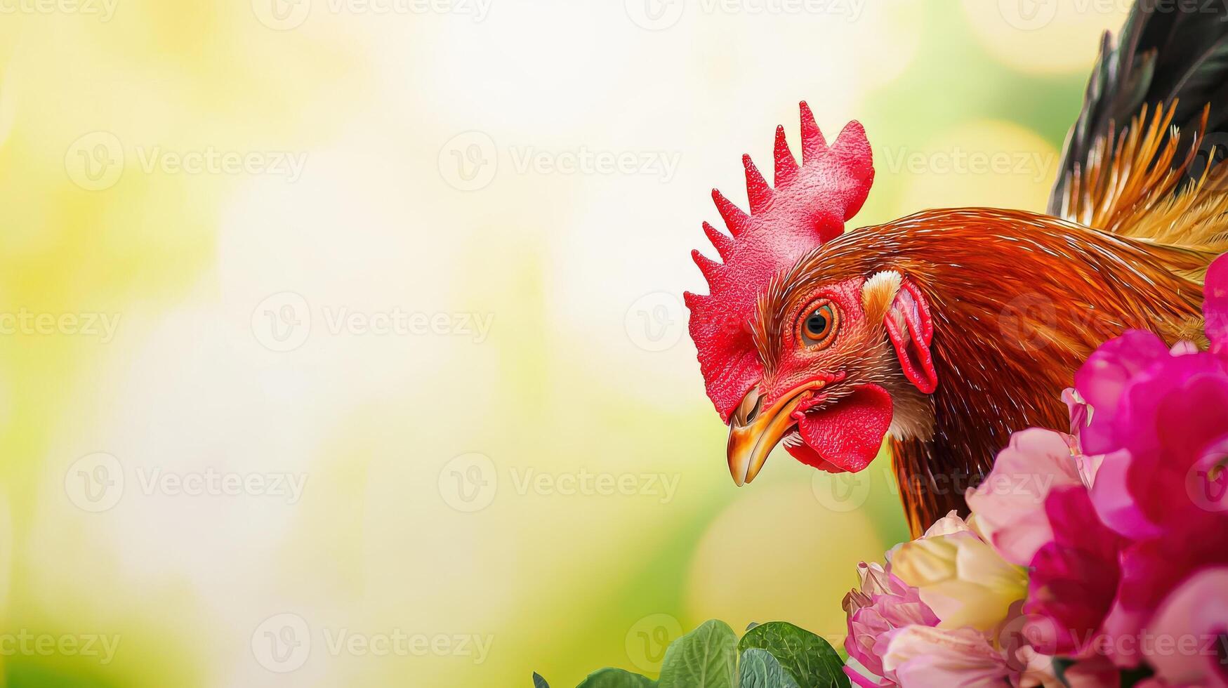 A rooster is standing in front of a bunch of flowers photo