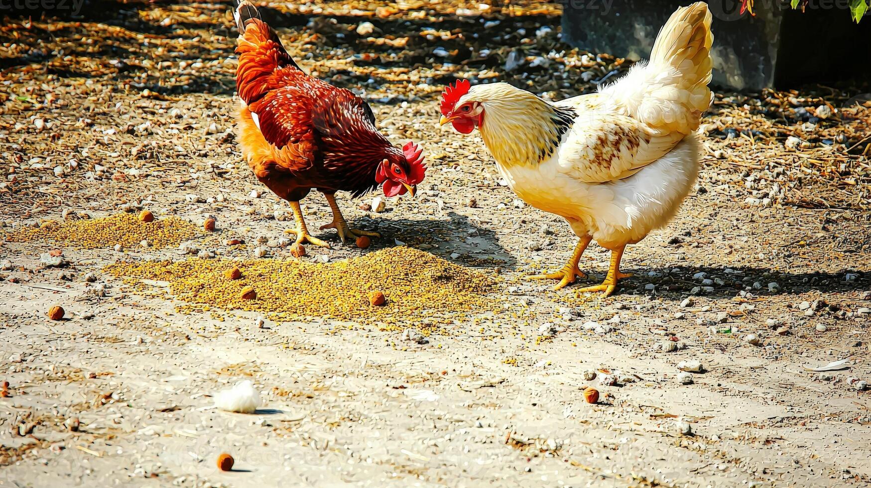Two chickens are standing on a dirt ground photo