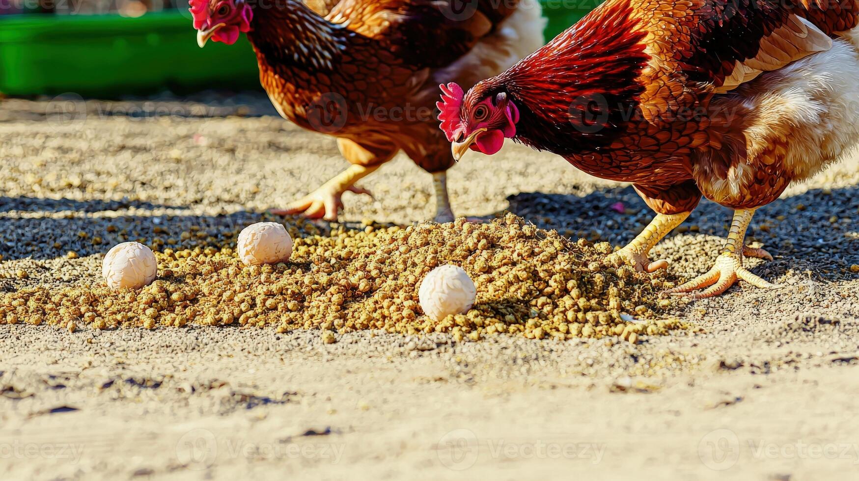 Two chickens are standing next to each other photo