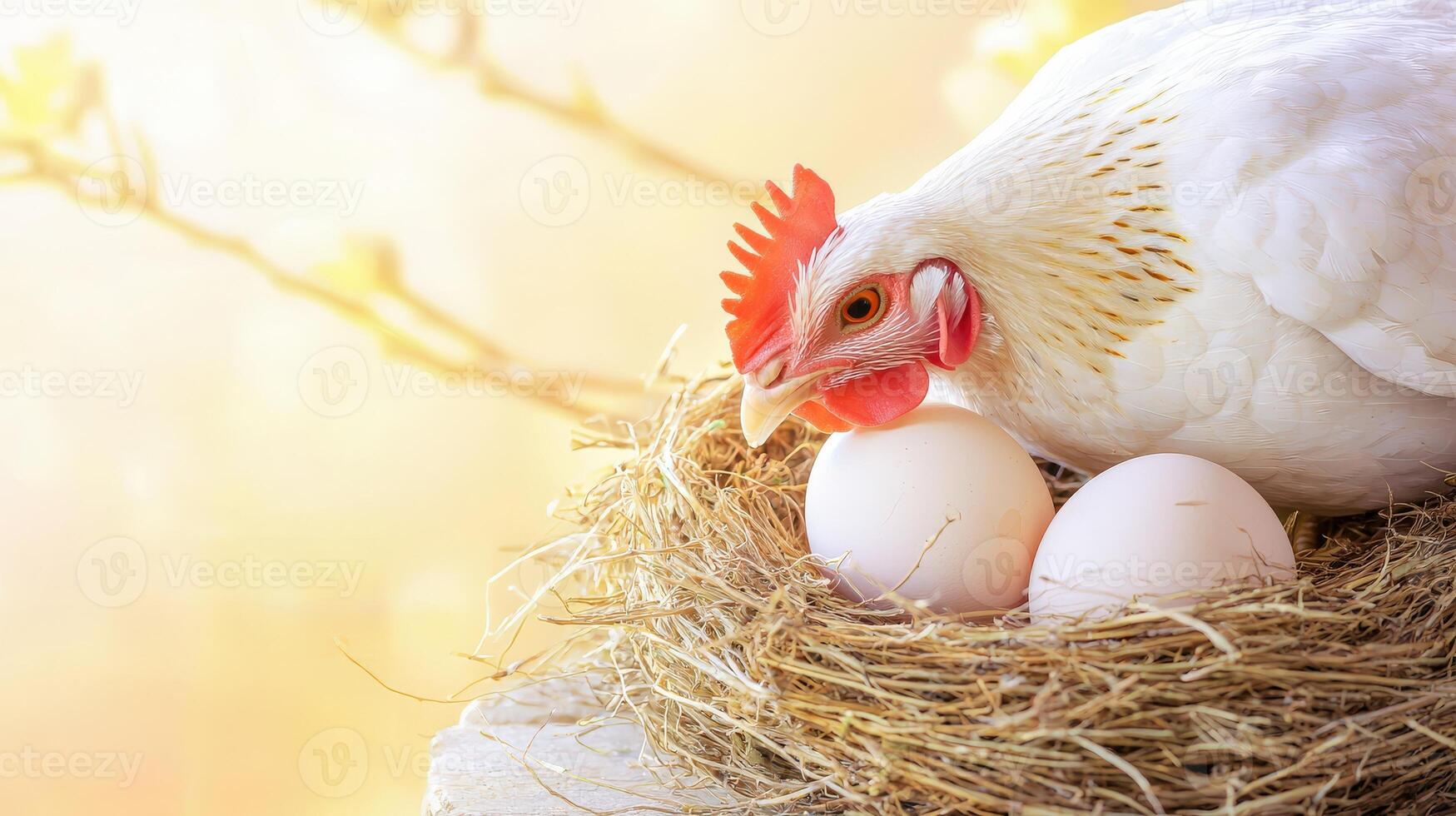 A white chicken is sitting in a nest with two eggs photo